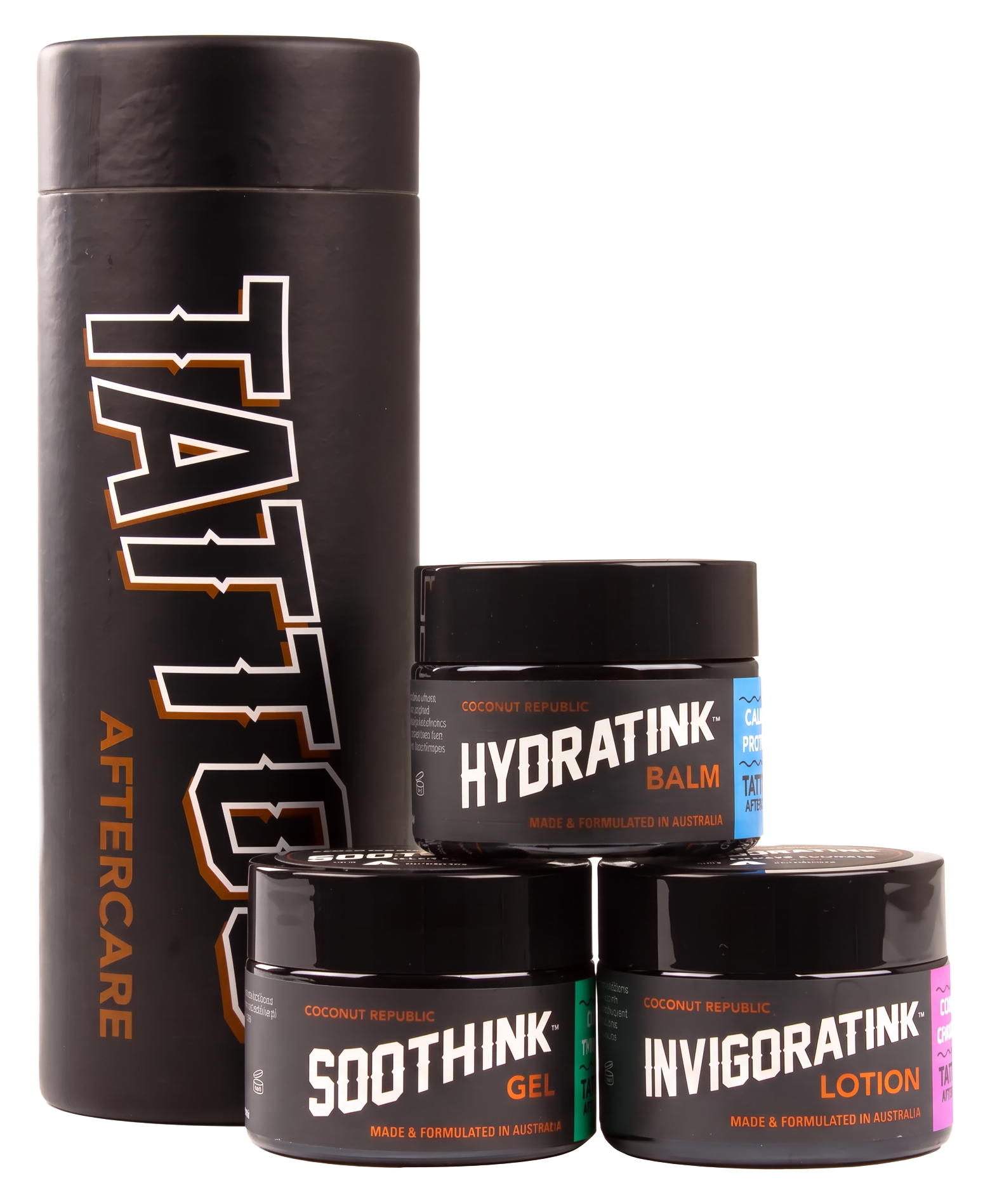 Tattoo Tower cylindrical pack with HydratINK, SoothINK and InvigoratINK tubs