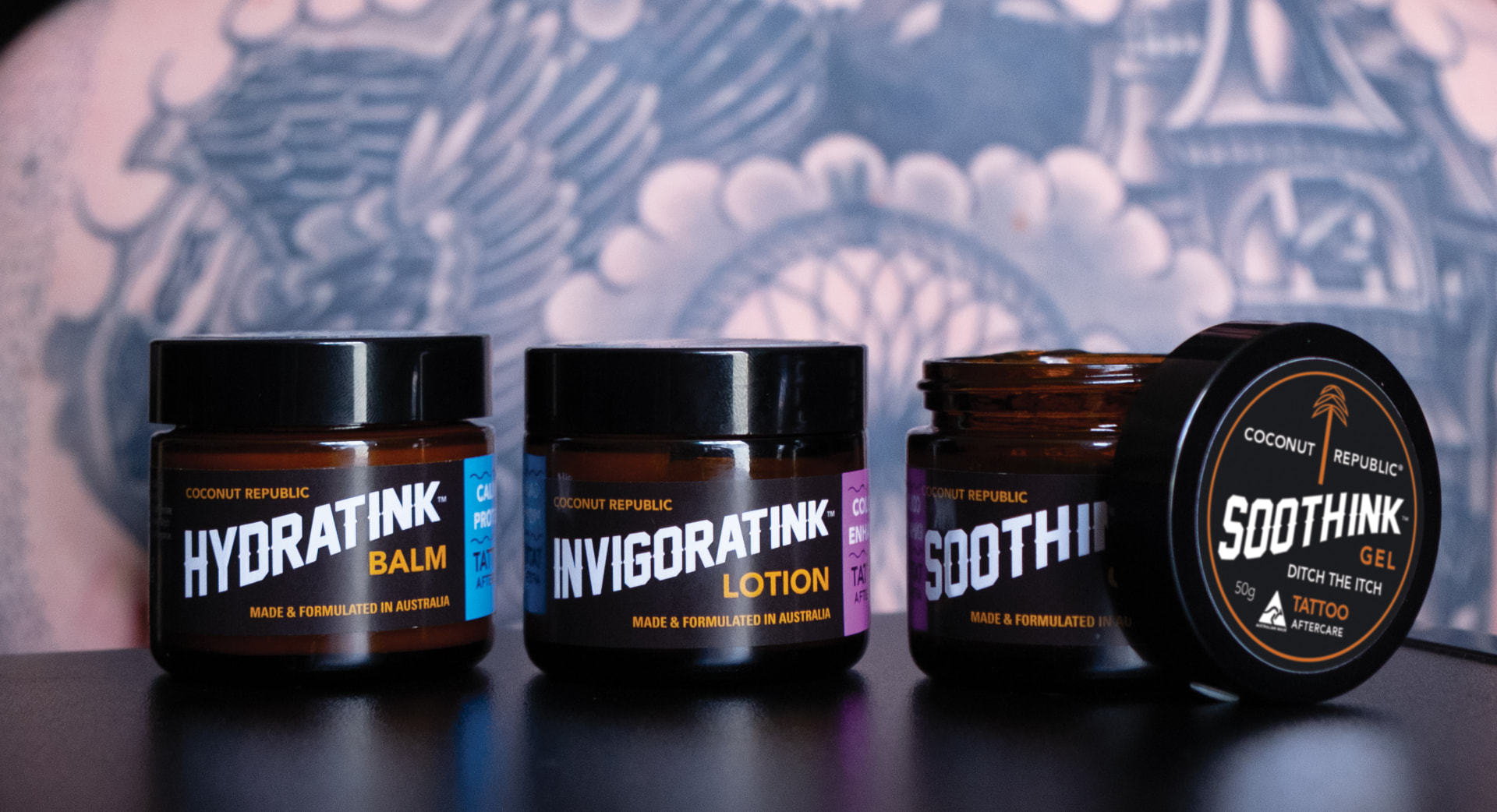 HydratINK, InvigoratINK and SoothINK tattoo aftercare against tattooed skin
